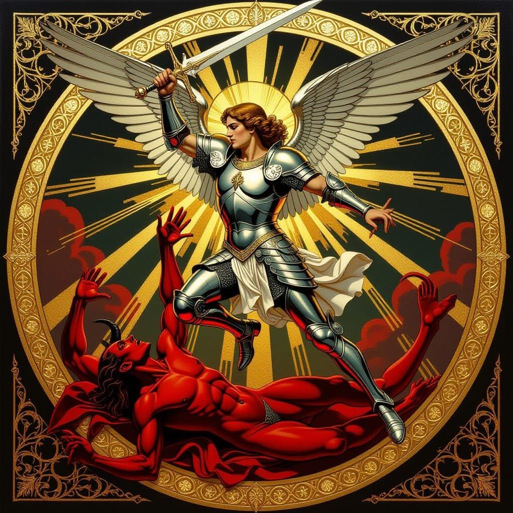 Art Deco St. Michael Defeats Satan in Metallic Armor