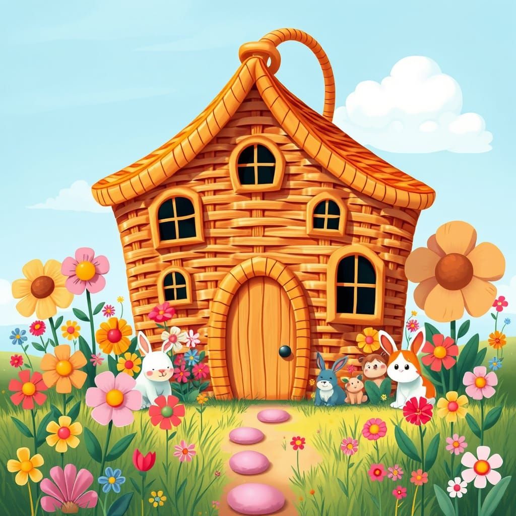Charming Cartoon Basket House in Sunny Meadow