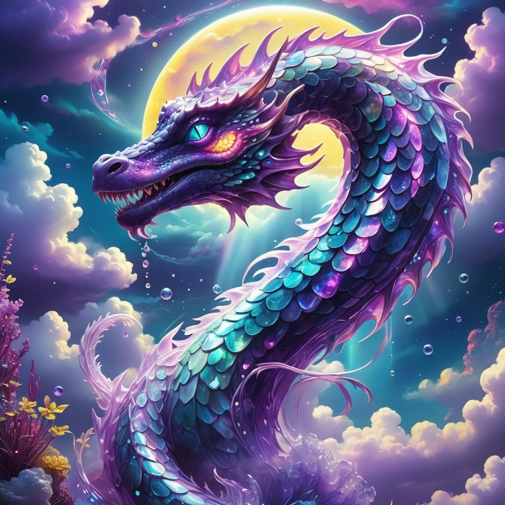 Mystical Neon Sea Serpent in Cosmic Illustration