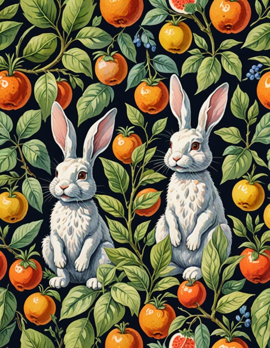 Rabbits in a Vibrant Botanical Masterpiece