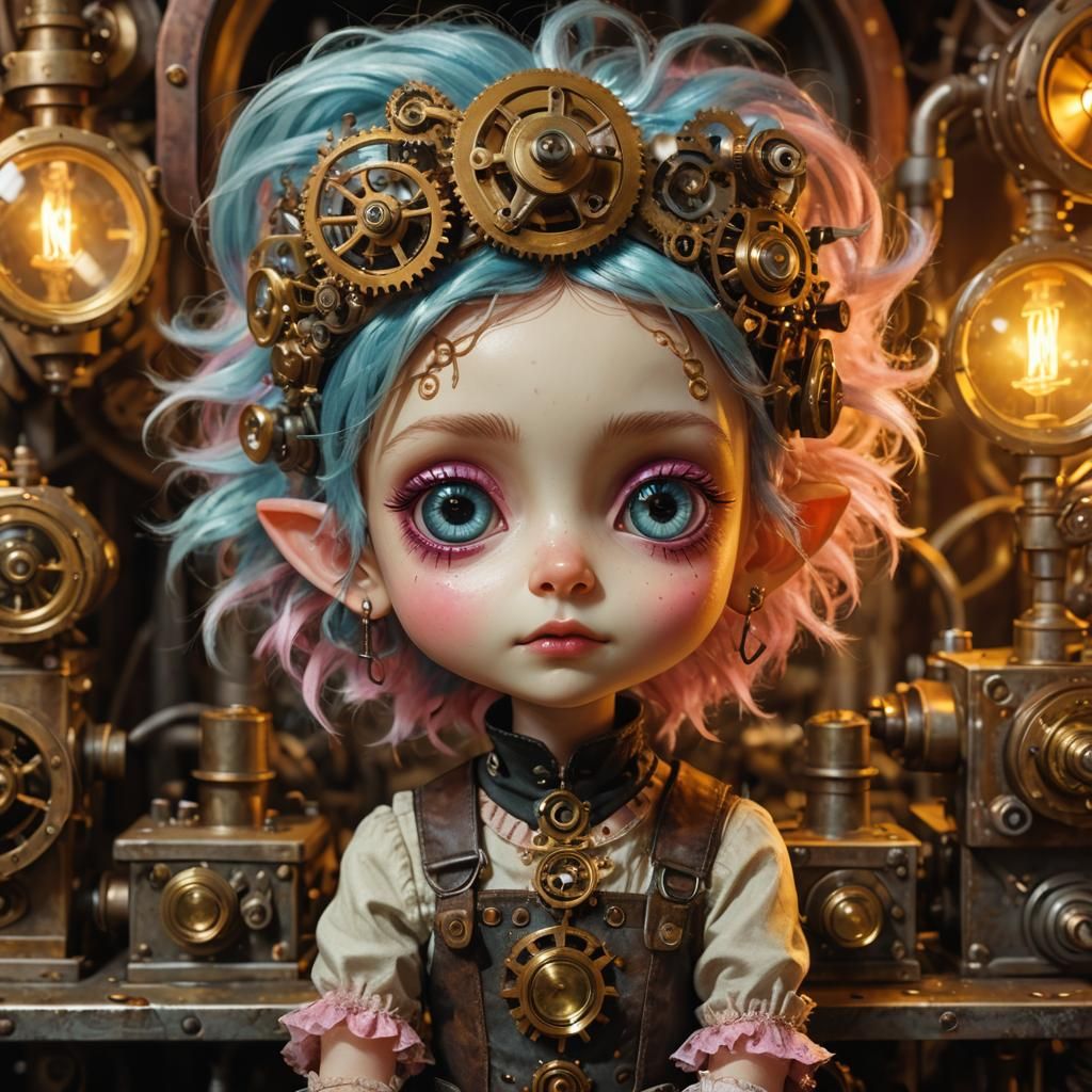 Pink-Haired Pixie in Steampunk Digital Art