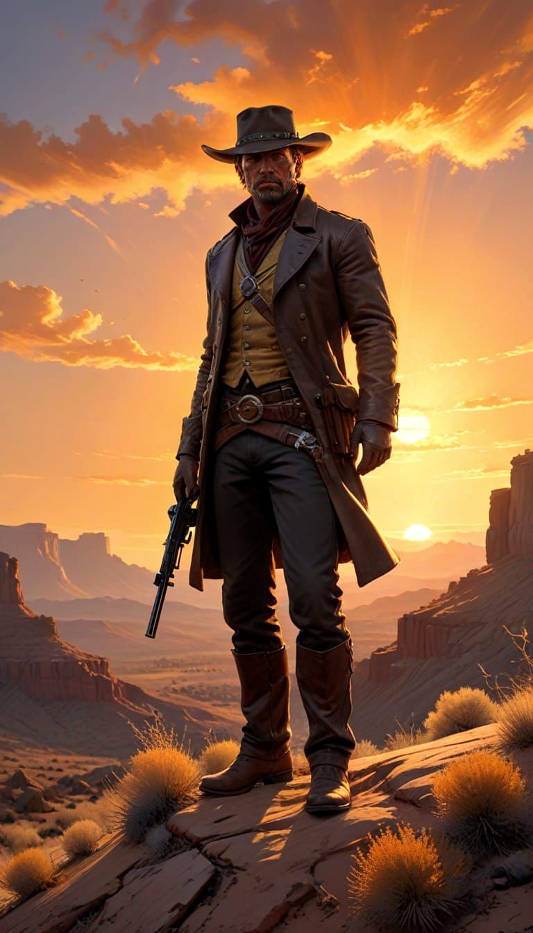 Gunslinger Silhouette at Sunset: Vintage Oil Painting