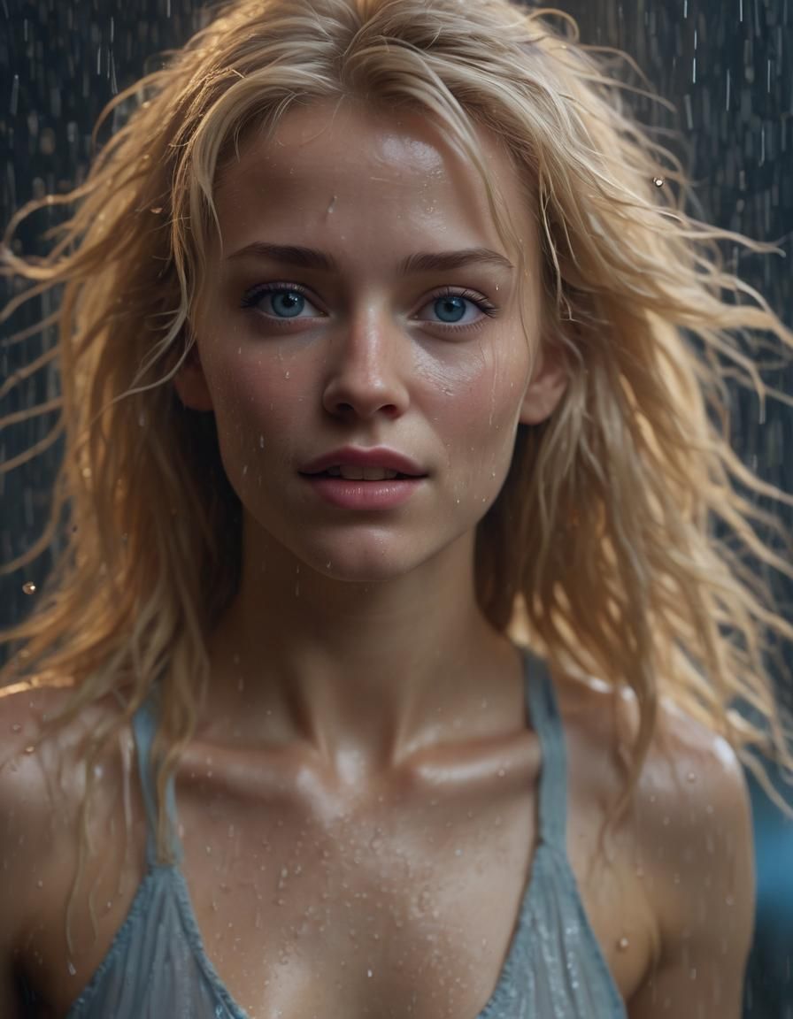 Blonde Woman Dancing with Mist in Rain, Photorealistic