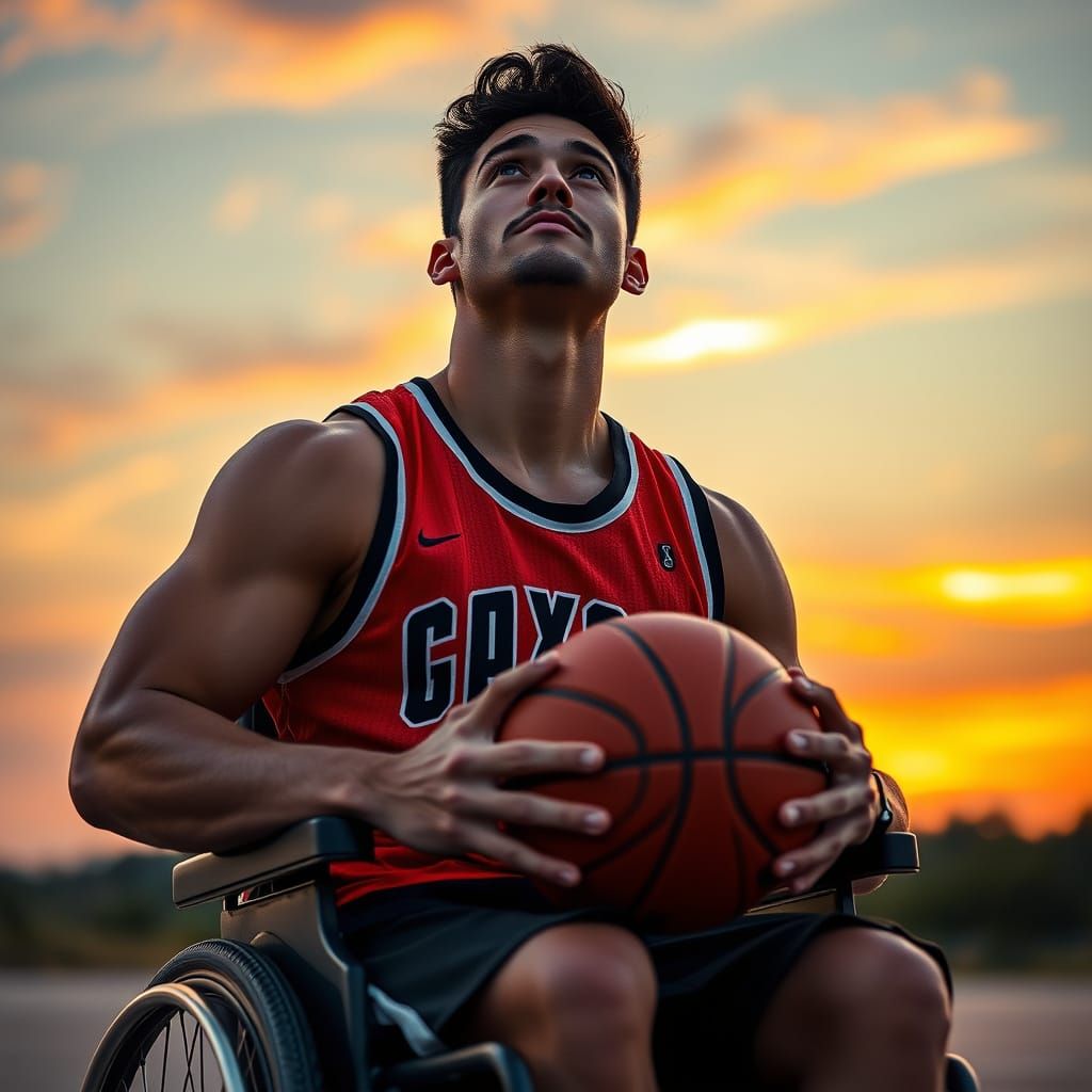 Concentrating Wheelchair Basketball Player at Sunset