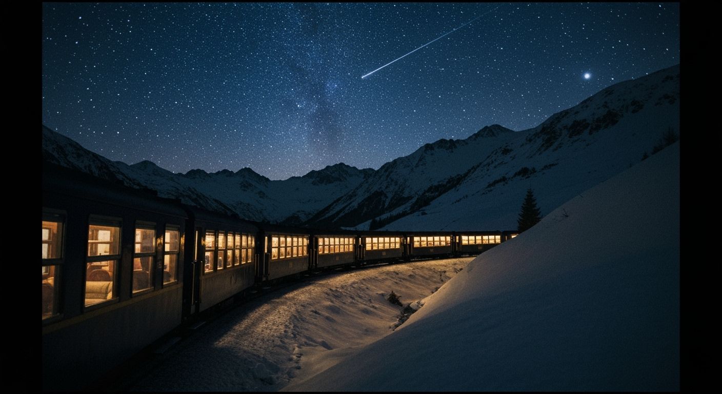Serene Winter Train Journey Under Starry Night Sky