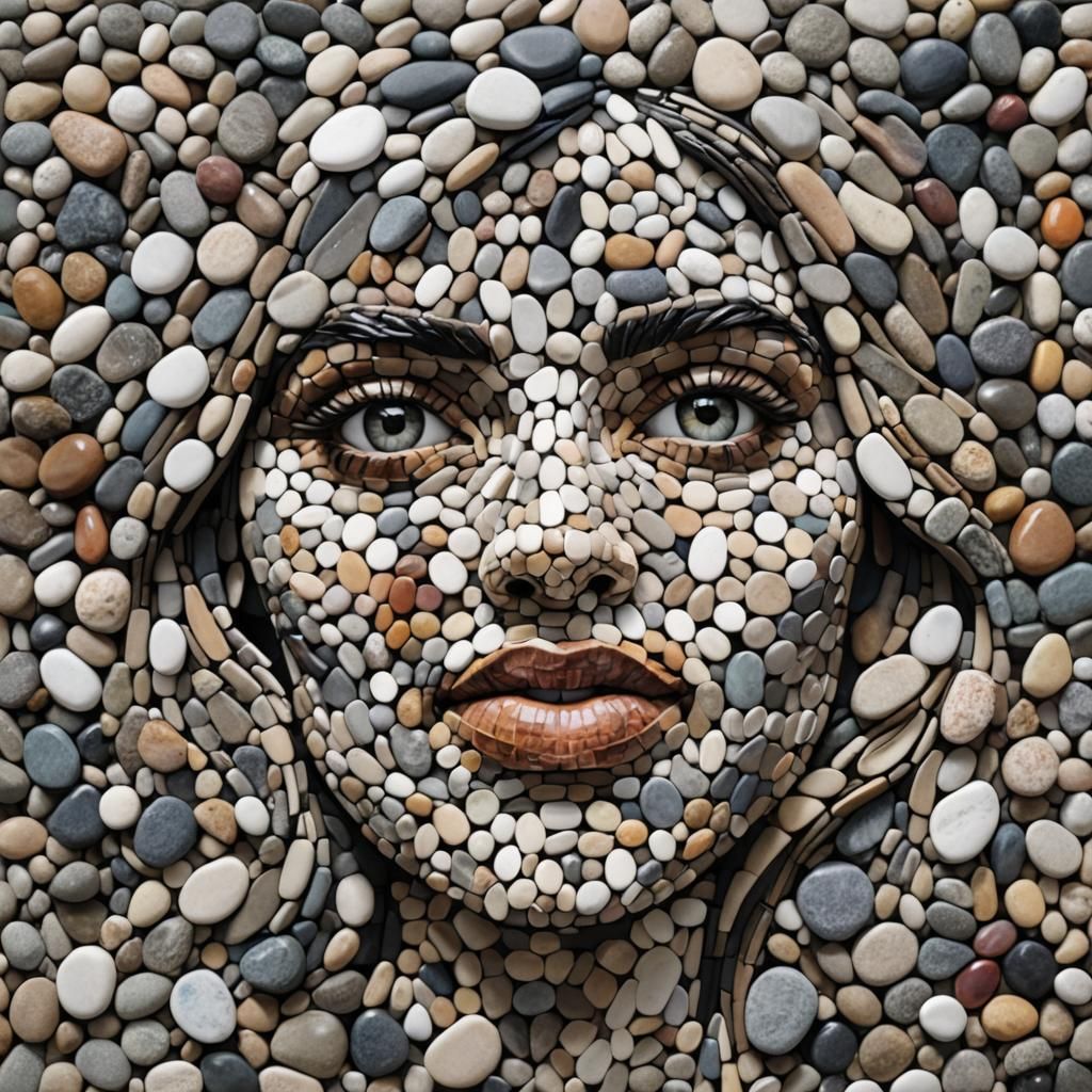 Detailed Mosaic Portrait of a Woman with Pebbles