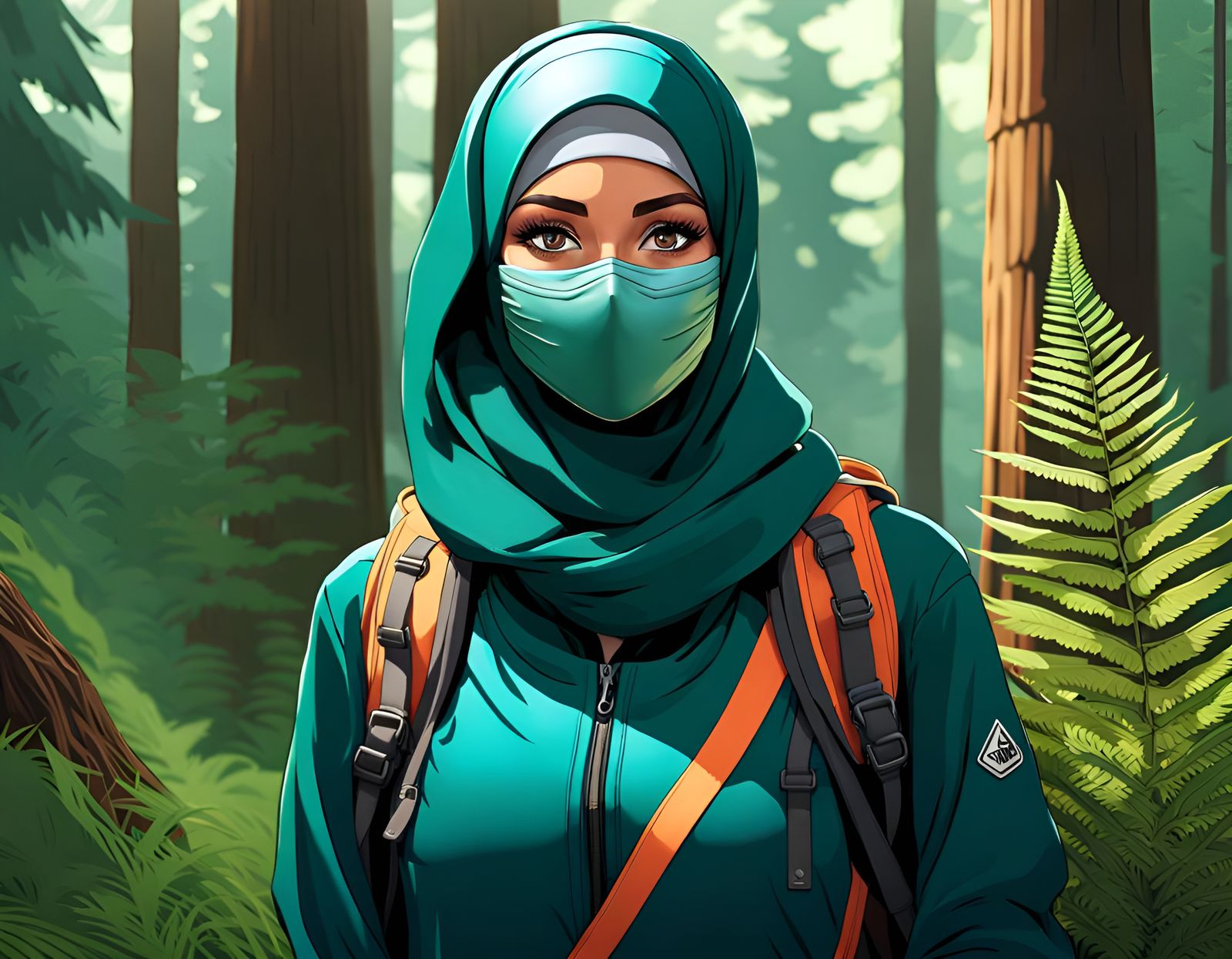 Woman with Hijab Hiking in Pine Forest