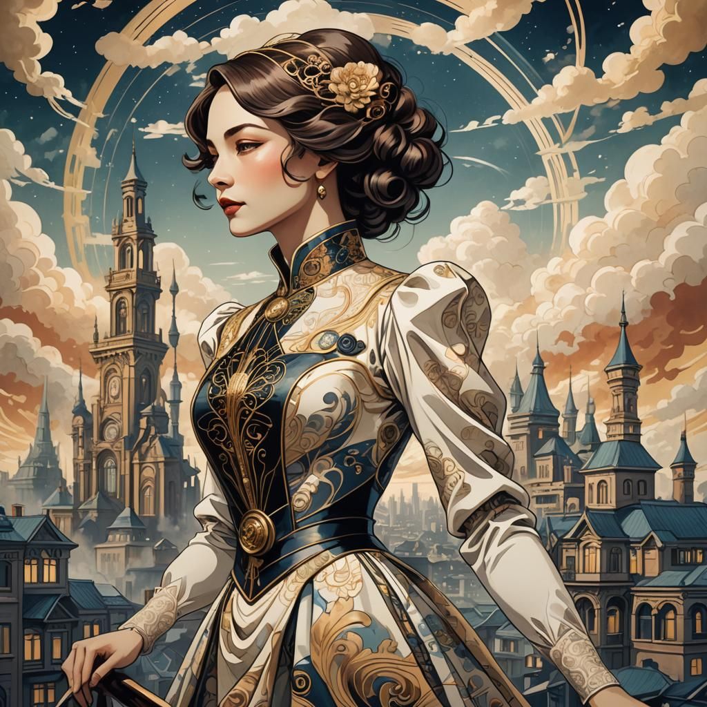 Fantastical Art Deco Cityscape with Victorian Woman