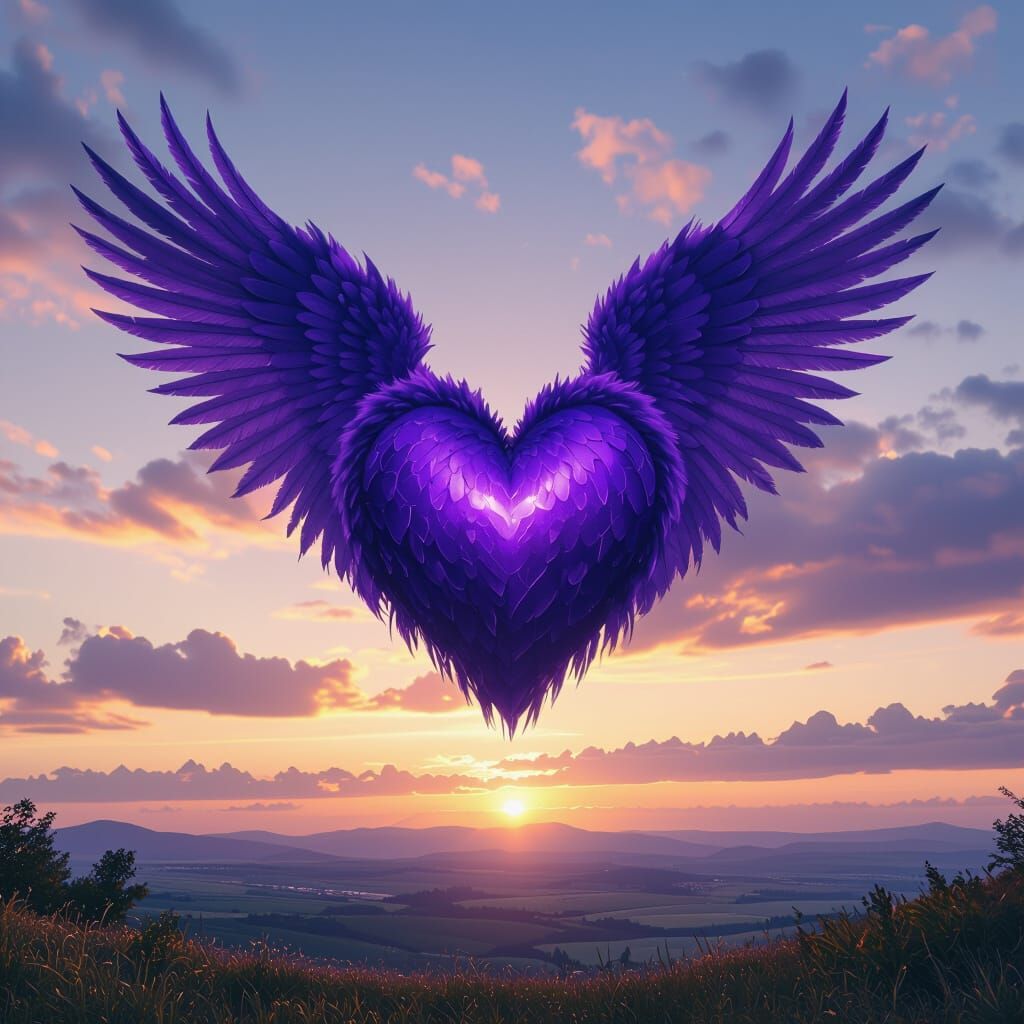 Purple Heart with Feather Wings Soaring in Evening Sky