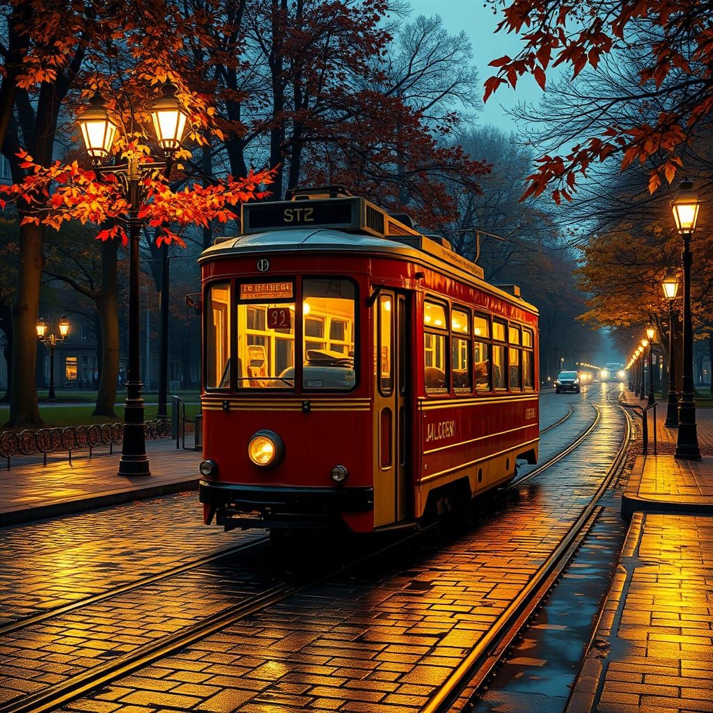 Czech Tram in Autumn Park at Dusk