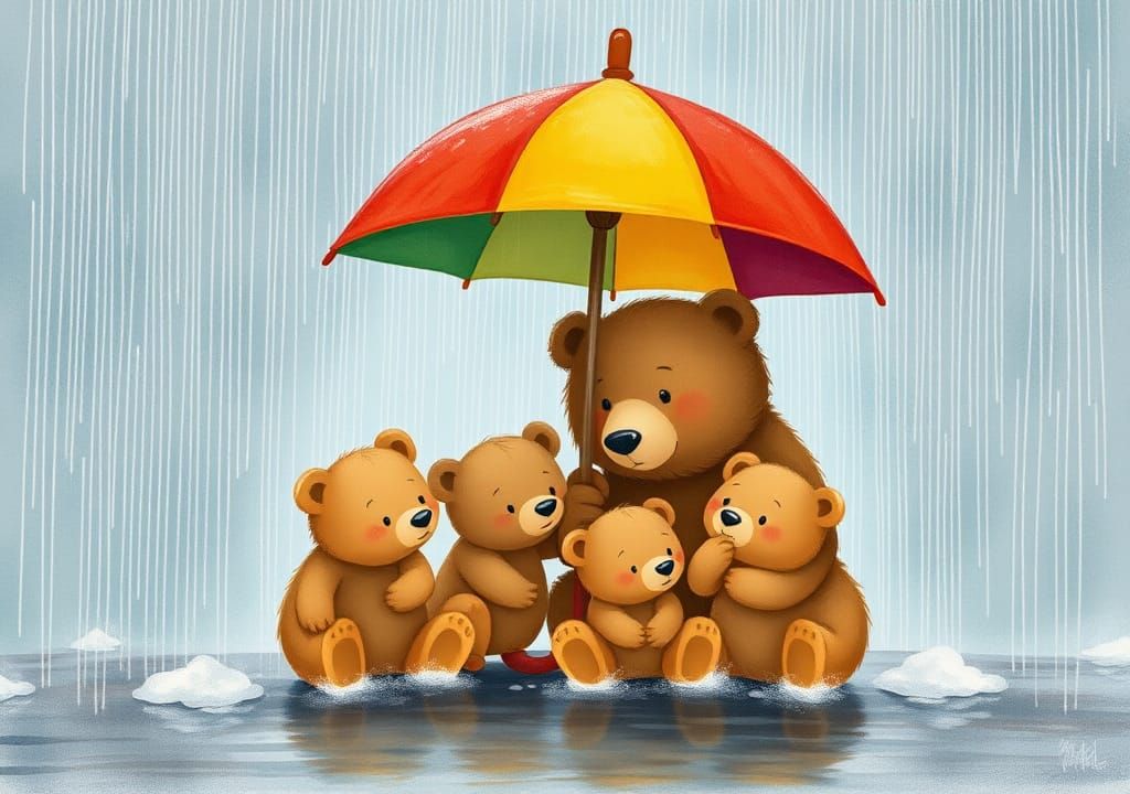 Bear Family in Rain, Whimsical Storybook Illustration