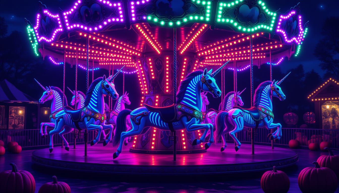 Neon Halloween Carnival Carousel with Skeletal Unicorns