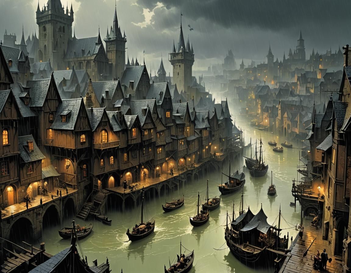 Gothic Medieval Port City in Rainy Weather
