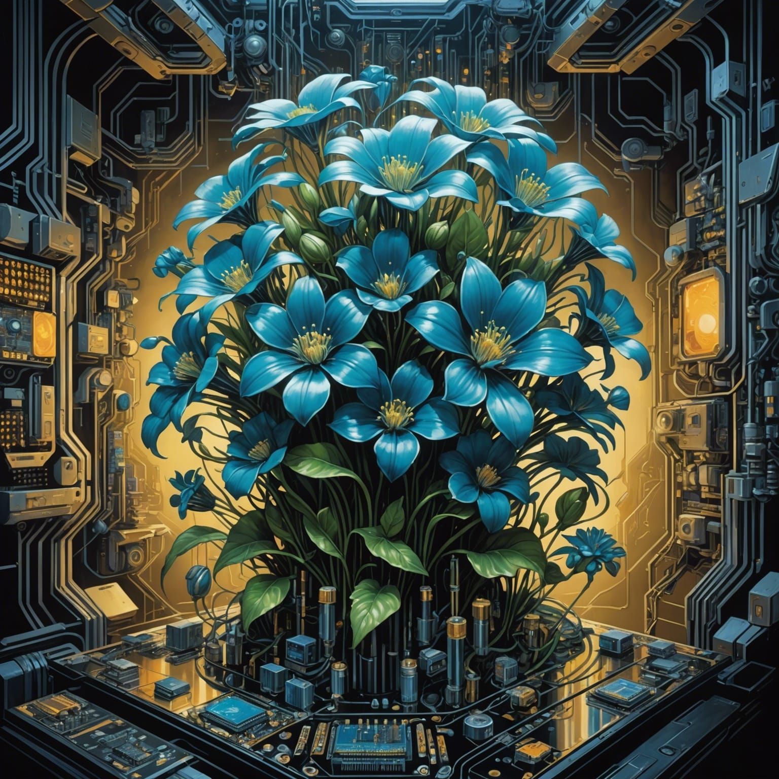Bio-Electronic Bloom in Oil Painting Style