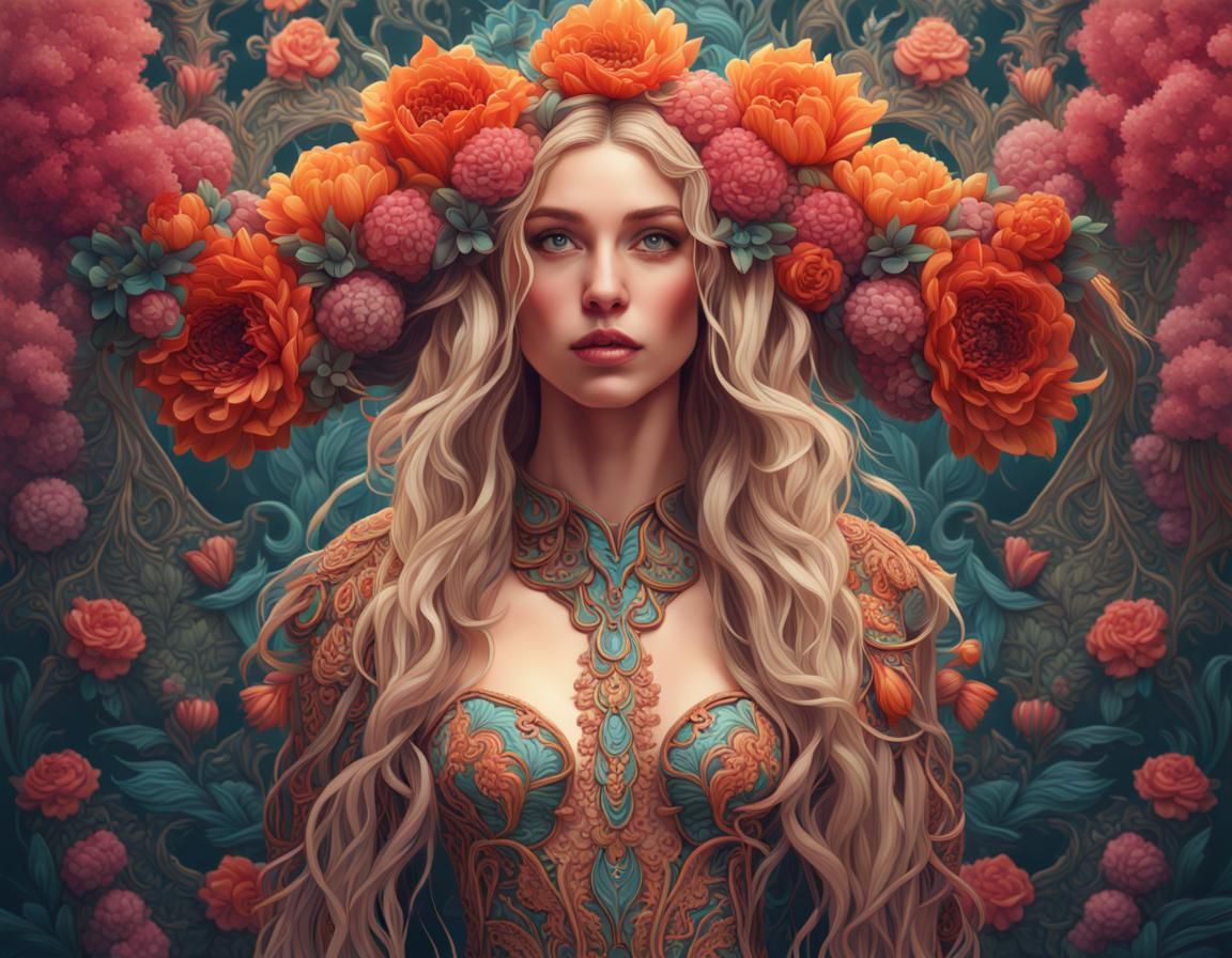 Lace Art Nouveau Painting of Woman and Flowers