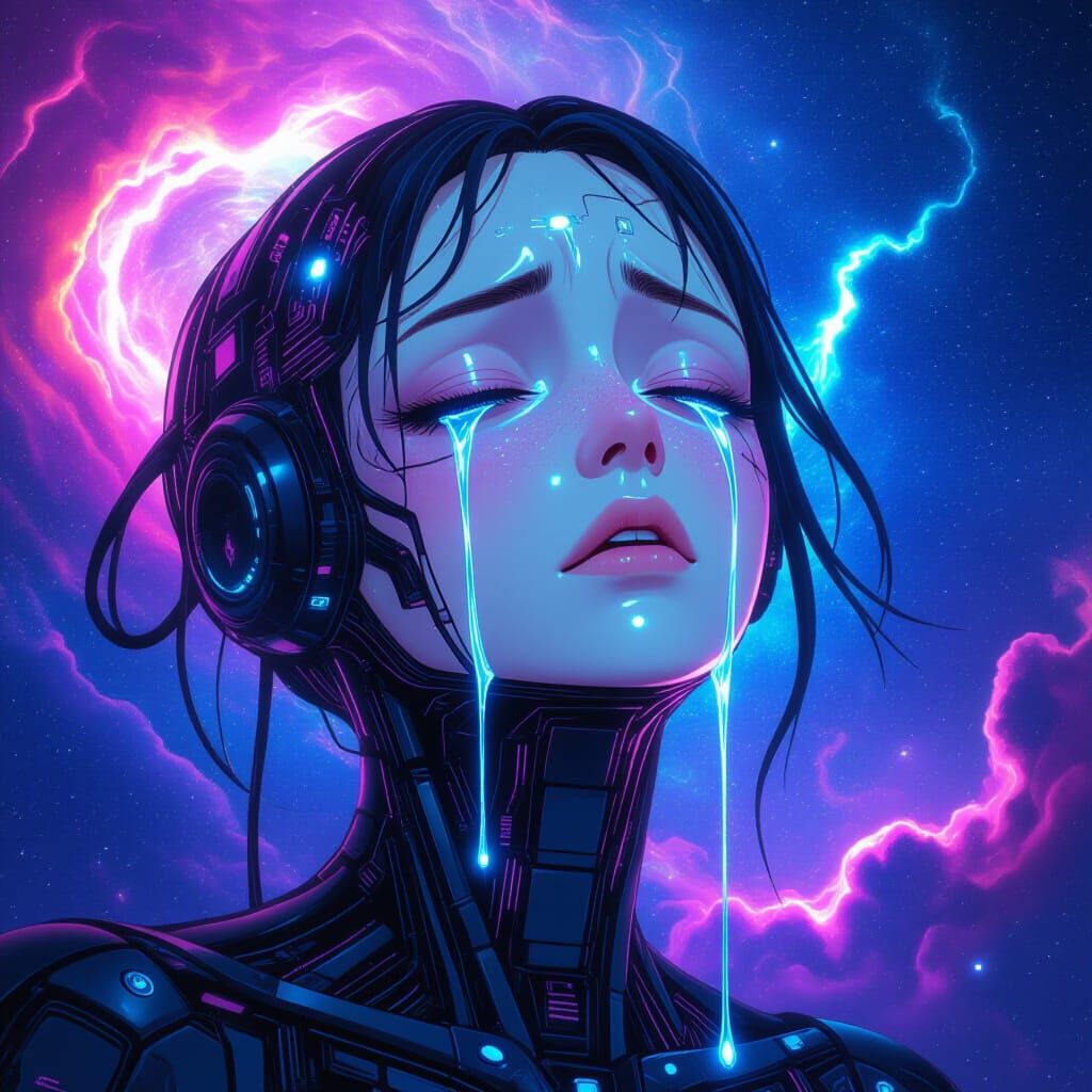 Biomechanical Anime Goddess Weeping Starlight Tears