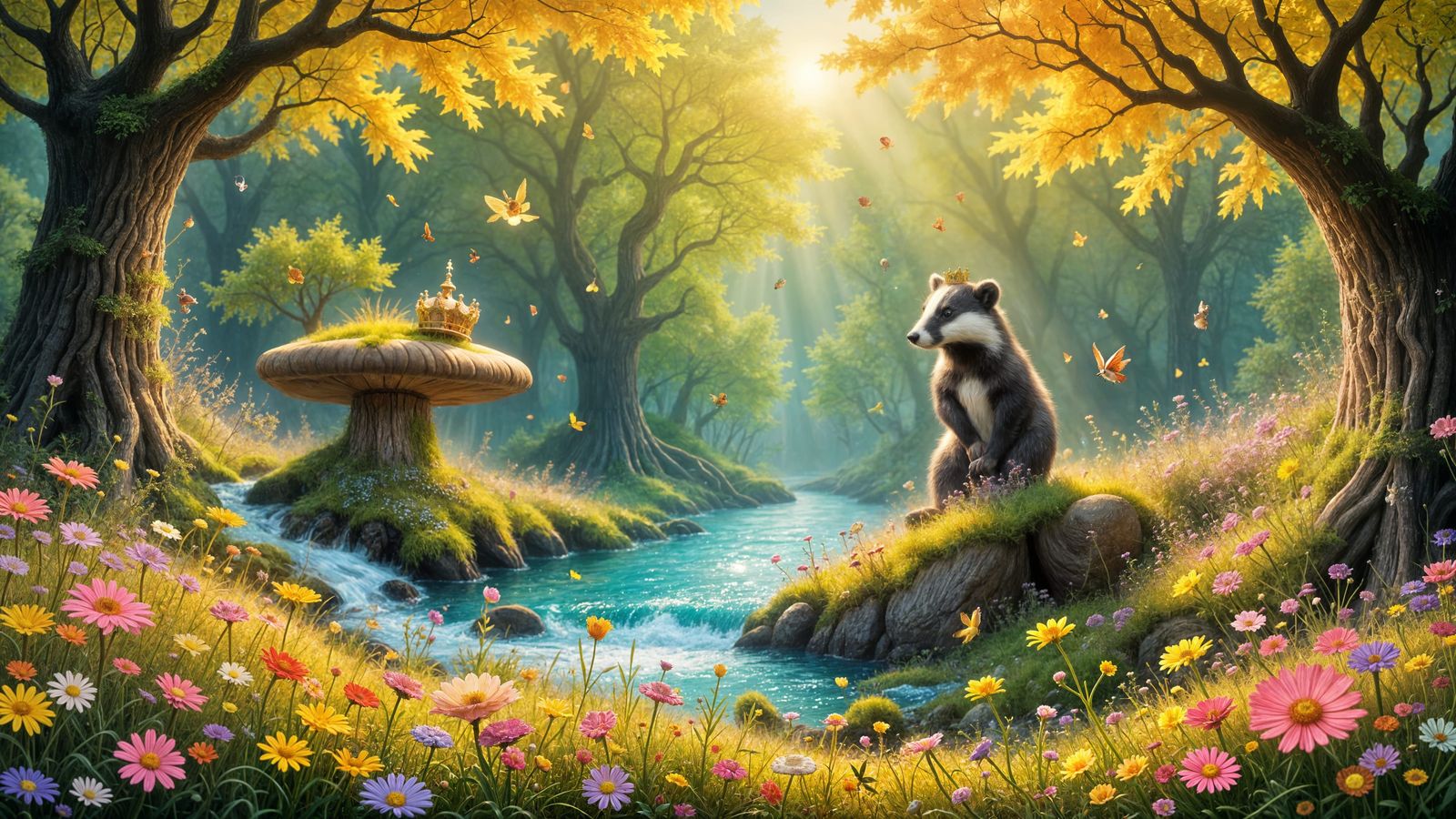 Majestic Badger King in a Whimsical Candy Forest