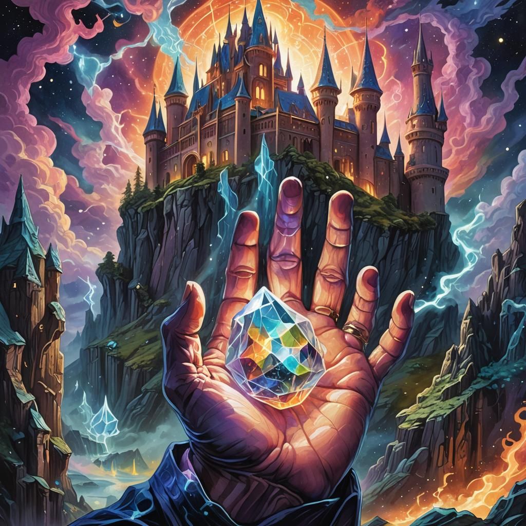 Wizard Casting Spell on Crystal Castle, Astral Illustration