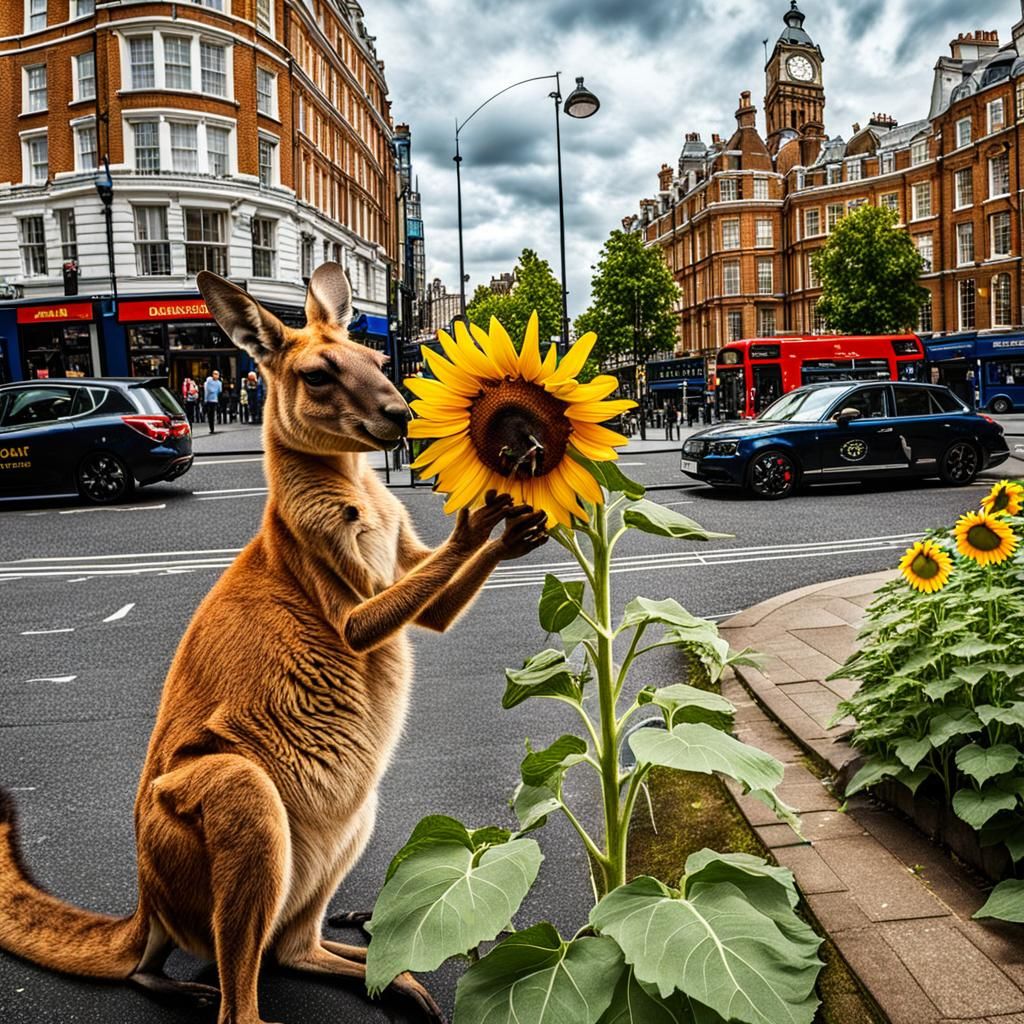 Kangaroo Smelling Sunflower in London: a Fantasy