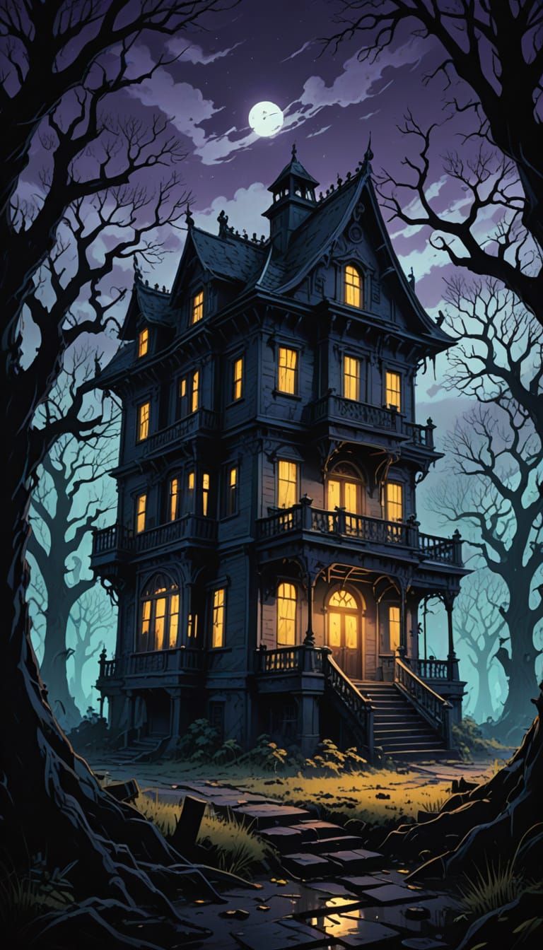 Eerie Mansion Emerges from Dark Forest in Vibrant Anime Styl...