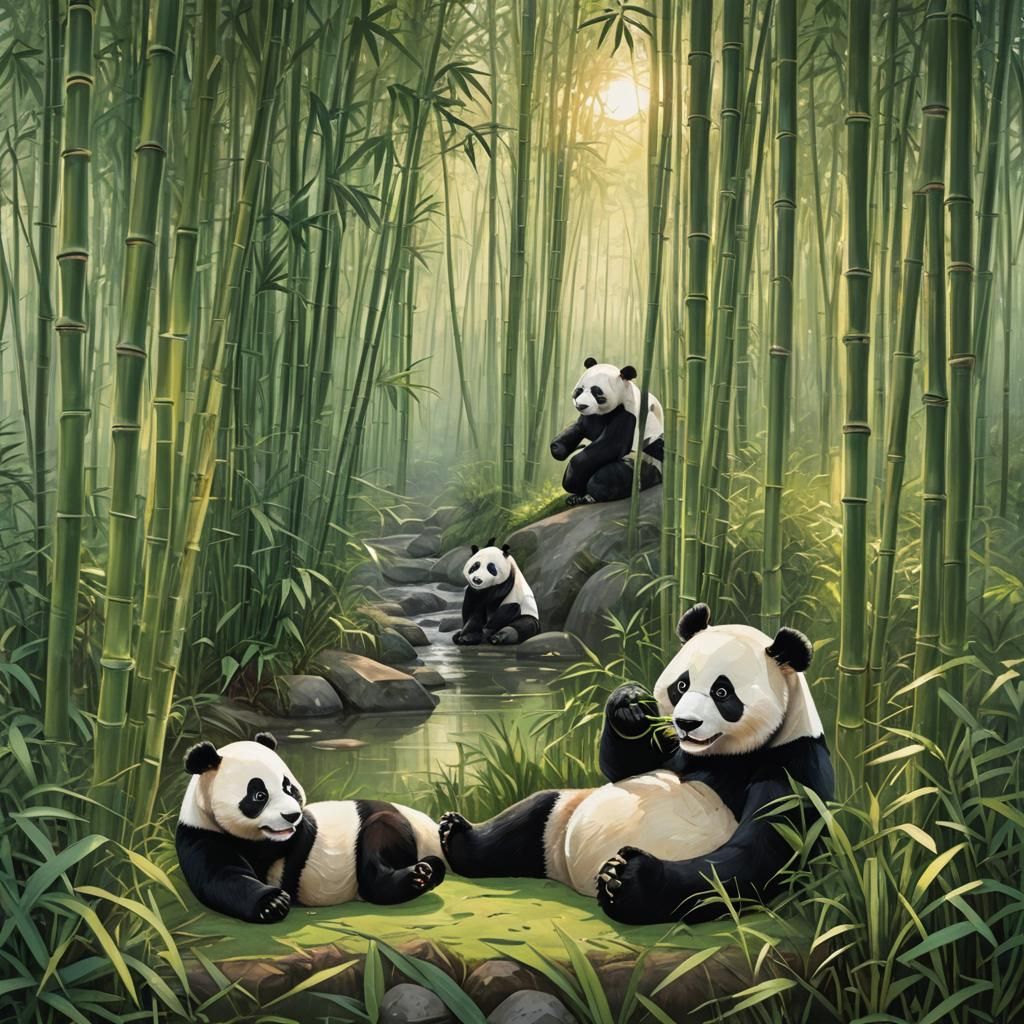 Pandas in a Bamboo Forest at Dawn