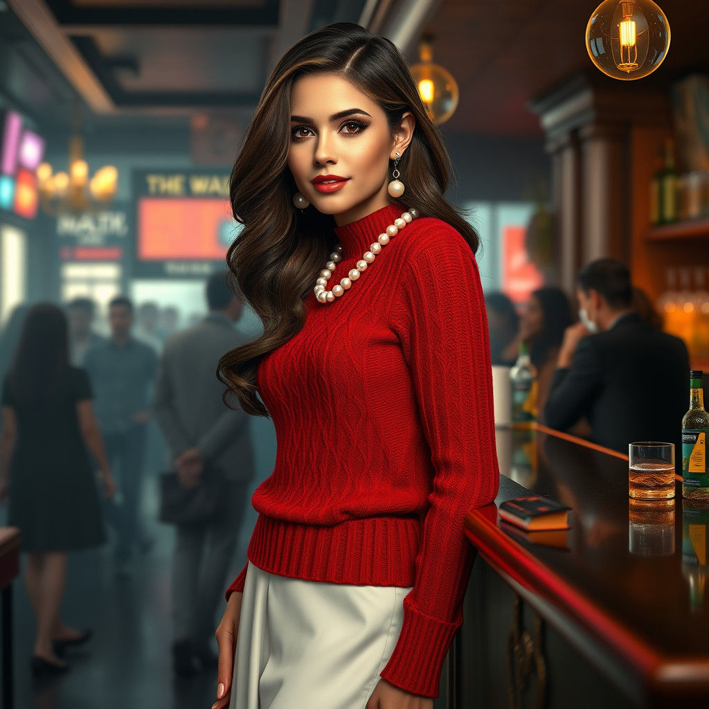 Brunette in Red Sweater at Bustling Bar, Detailed Matte Pain...