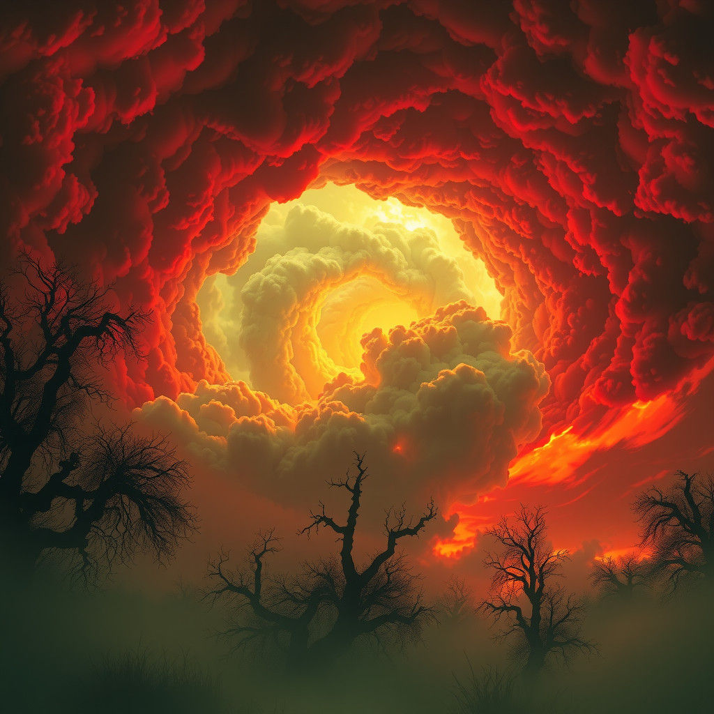 Eerie Green Fog Vortex Under Ominous Red Sky