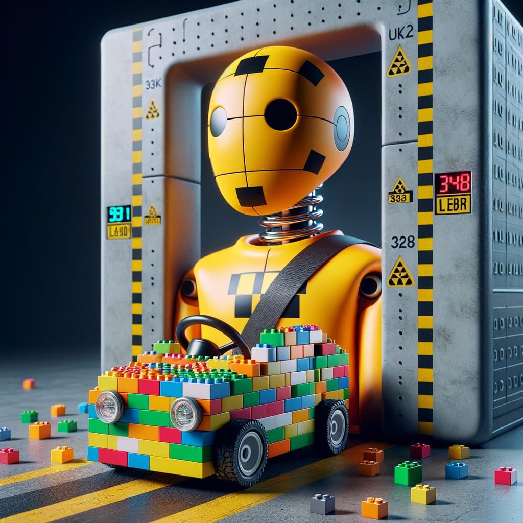 An ultra-realistic digital image of a crash test dummy driving a Lego car heading into a wall, looking toward the viewer...