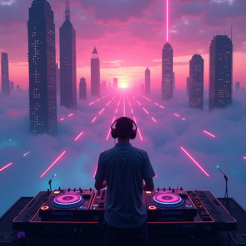 Electronic Dreamscape at Dusk in Cyberpunk Style