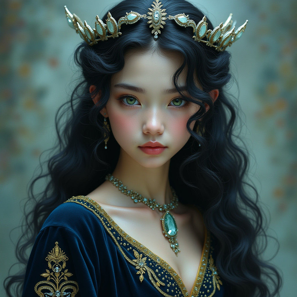 Young Queen with Dark Curls in Mystical Realism Style