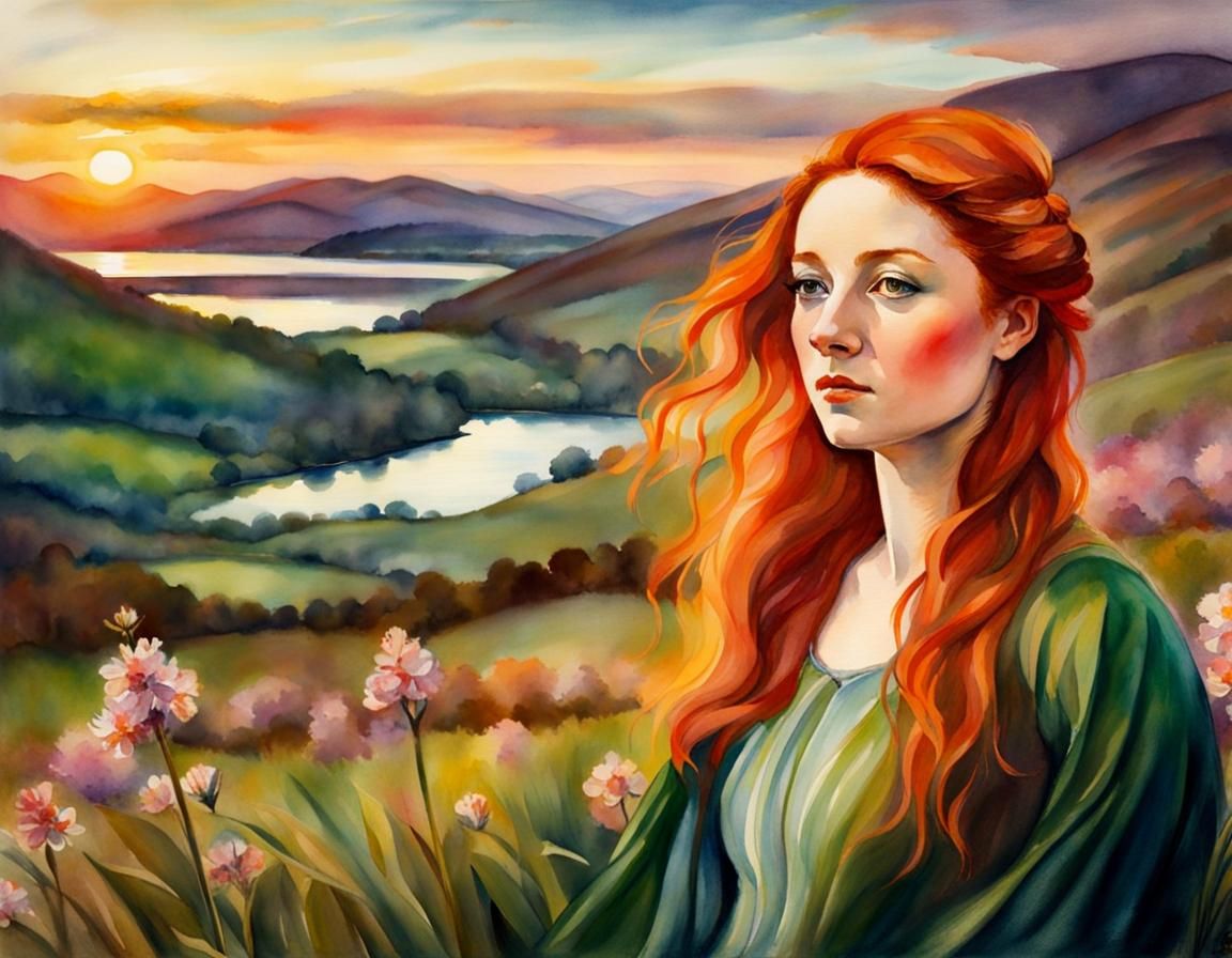 Irish Woman in Sunset, Impressionist Watercolor Illustration