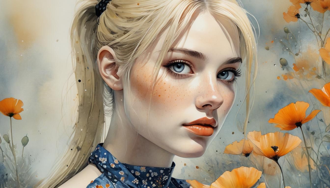 Woman with Poppies in Watercolor Sergio Toppi Style