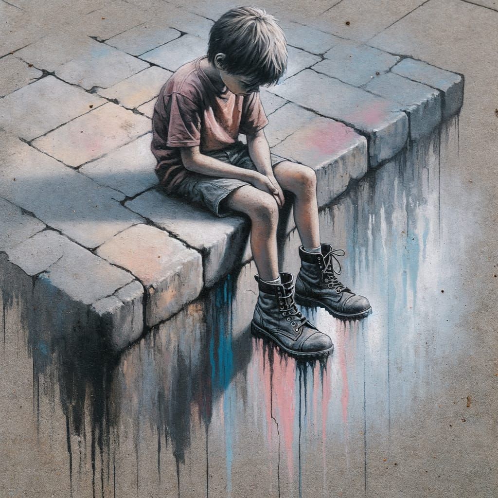 Melancholic Child's Loneliness: Textured Painting in Subdued...