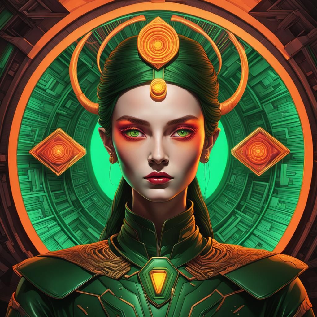 Symmetrical Portrait with Electroplated Green Eyes in Synthw...