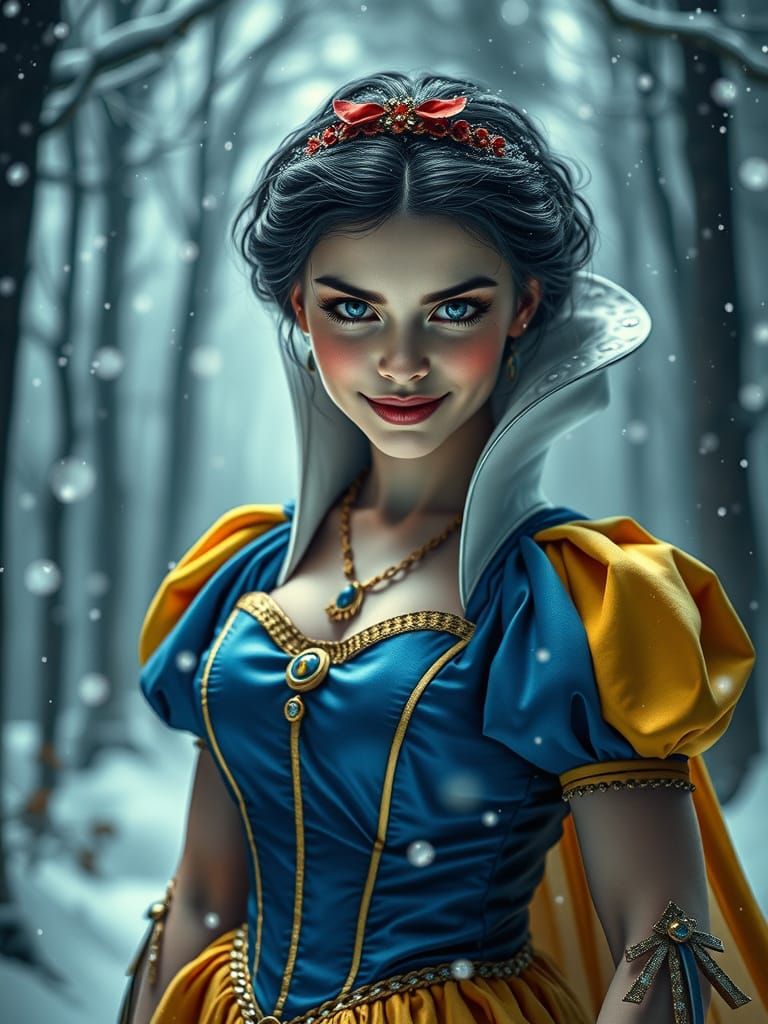Eerie Snow White in Winter Forest, Hyperrealistic Style