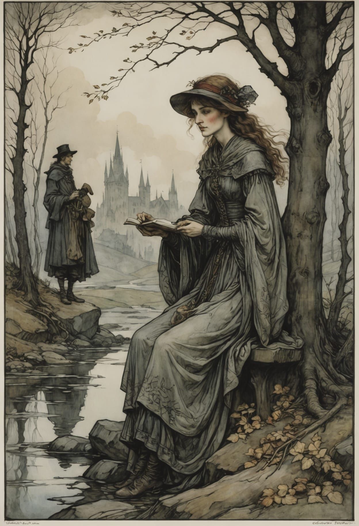 Ghost by a Pond in Arthur Rackham Style