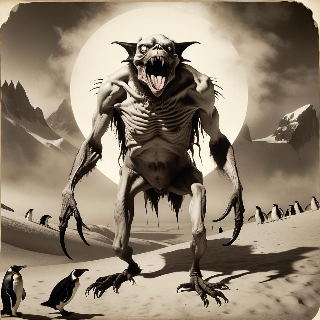 Grotesque Daemon and Penguin in Sepia Photograph