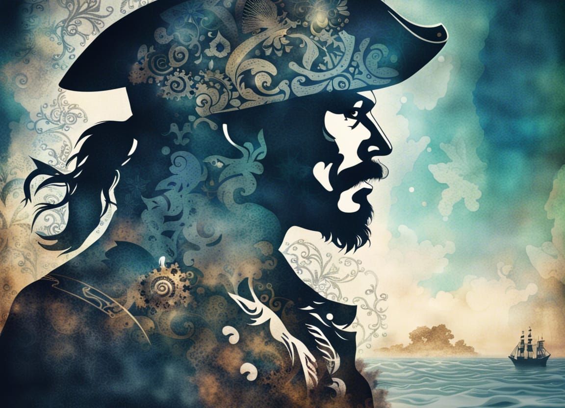 Stencilled Pirate Captain Silhouette with Ocean Background