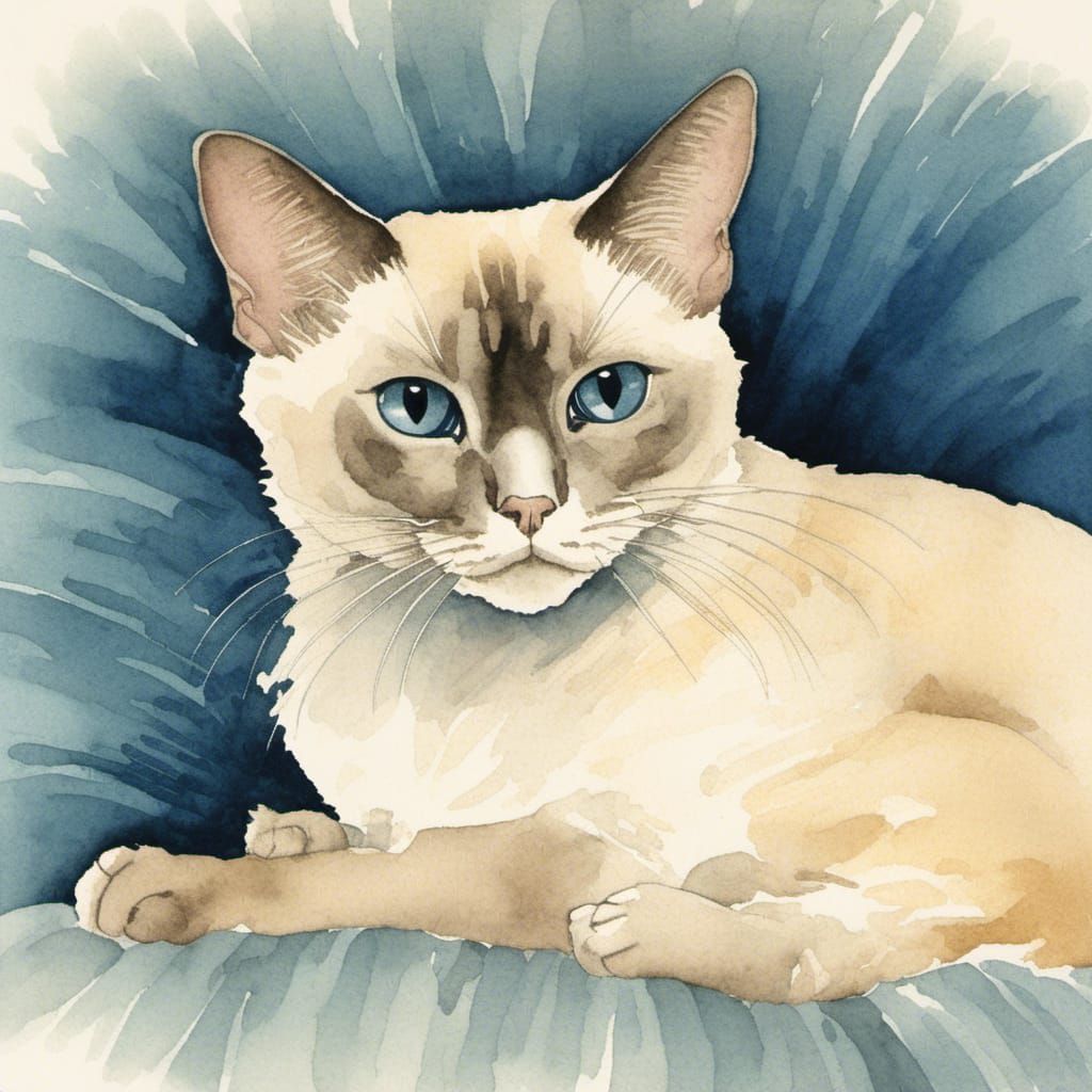 Siamese Cat Portrait in Watercolor Style