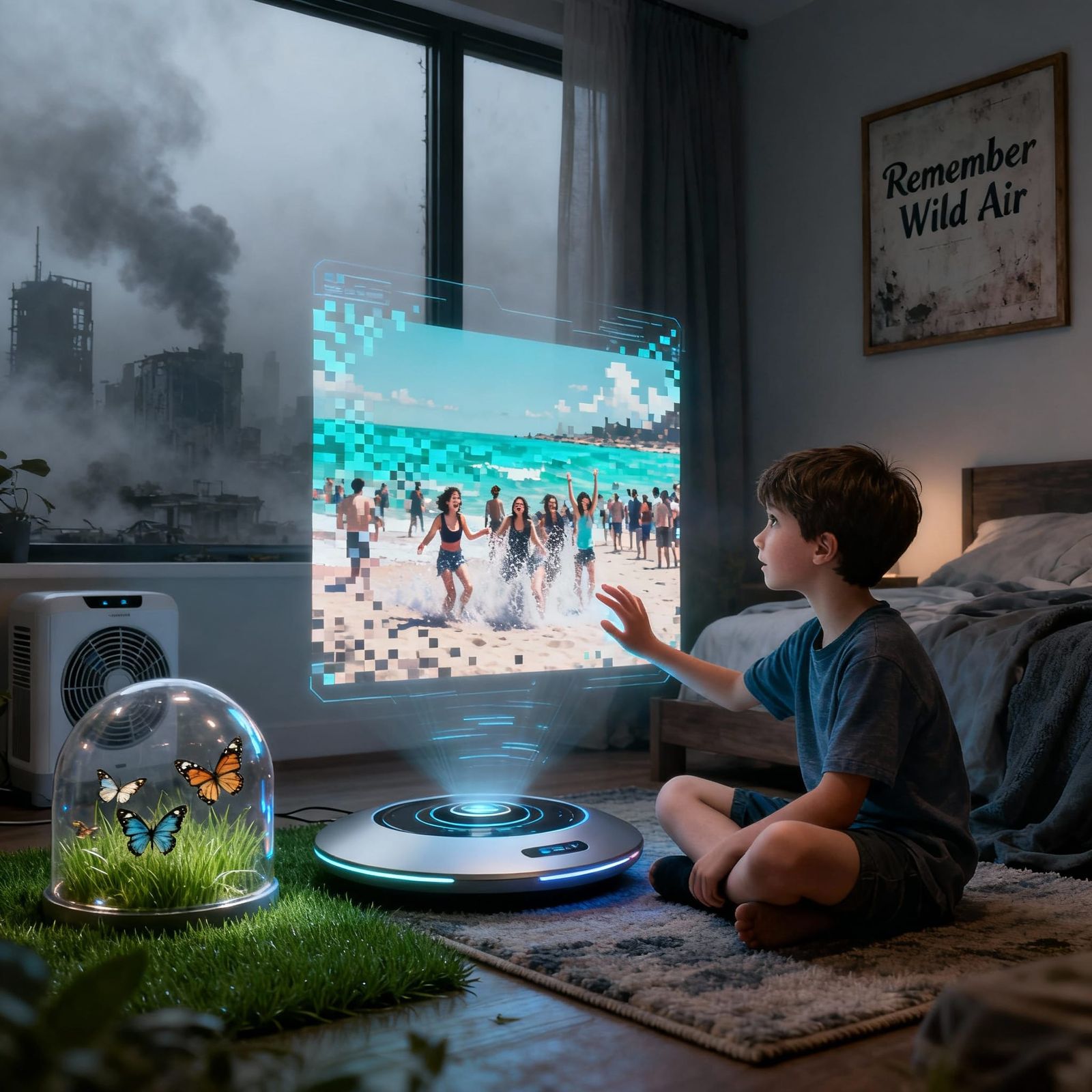 Boy Reaches for Holographic Beach Memory in Smoggy Future