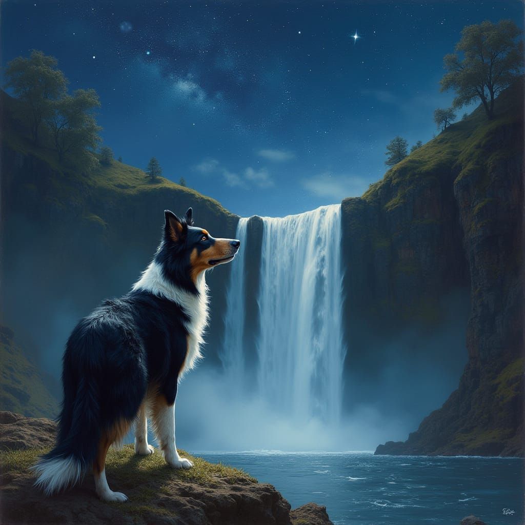 Border Collie Contemplates the Starry Night Sky at a Serene ...
