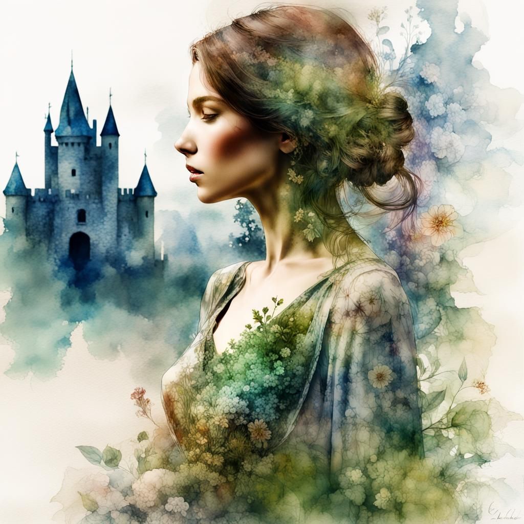 Fantasy Maiden with Castle in Watercolor Style