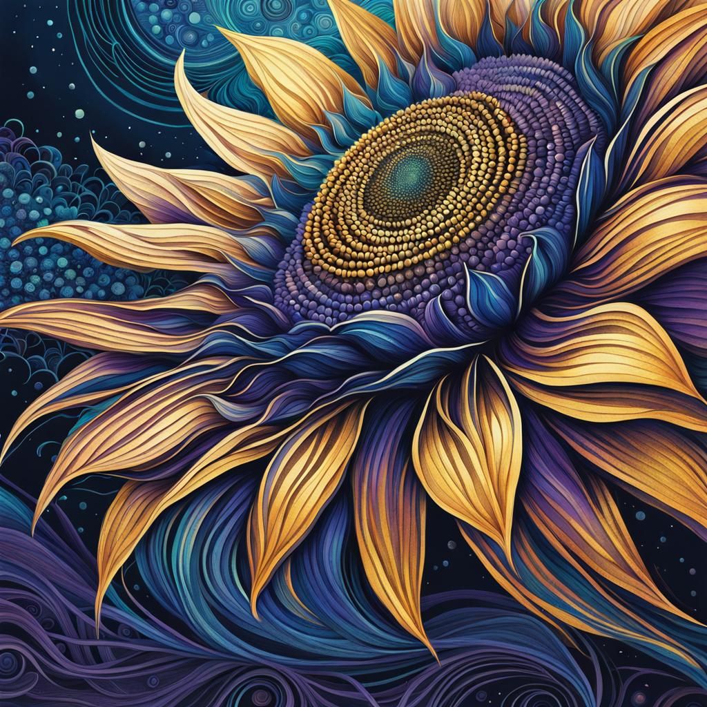 Midnight Eclipse Sunflower as Monotype with Zentangle Patter...