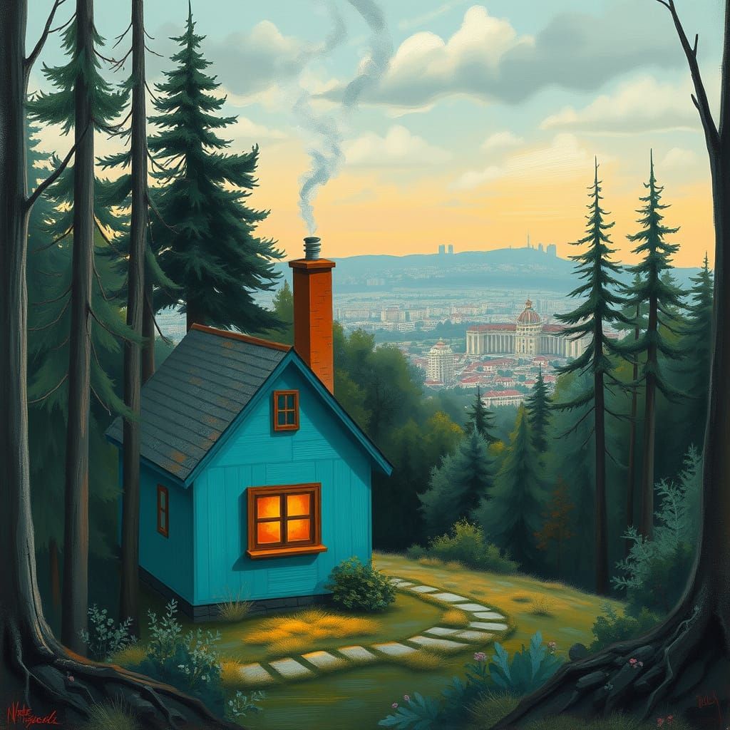 Turquoise House in Forest Clearing: A Surreal Dreamscape