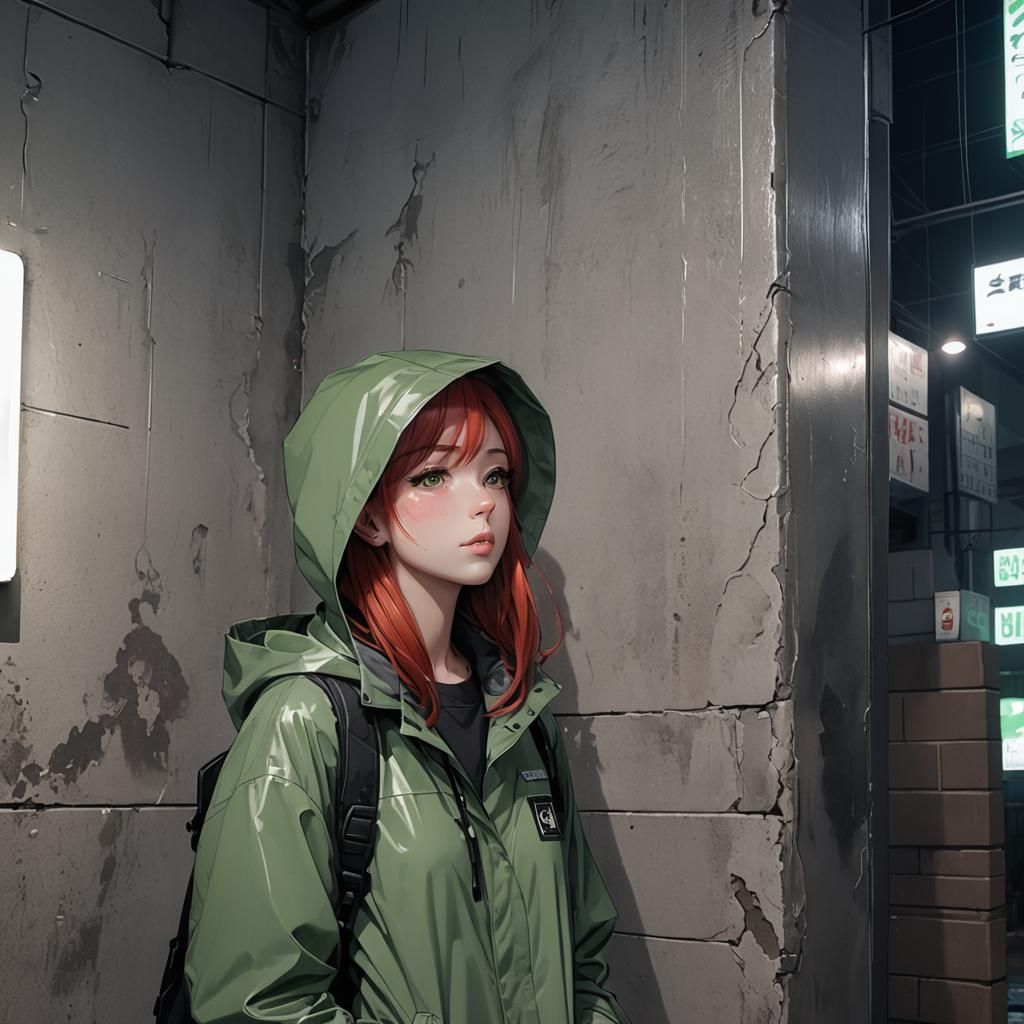 Emotionless Girl in Raincoat, Cel-Shaded Anime Style