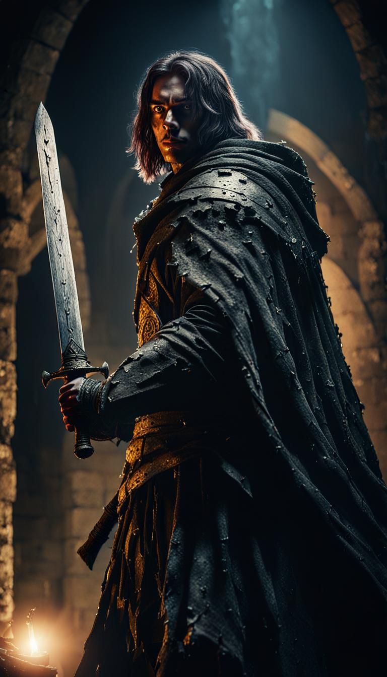 Young Warrior in Dark Castle Dungeon: Fantasy Art