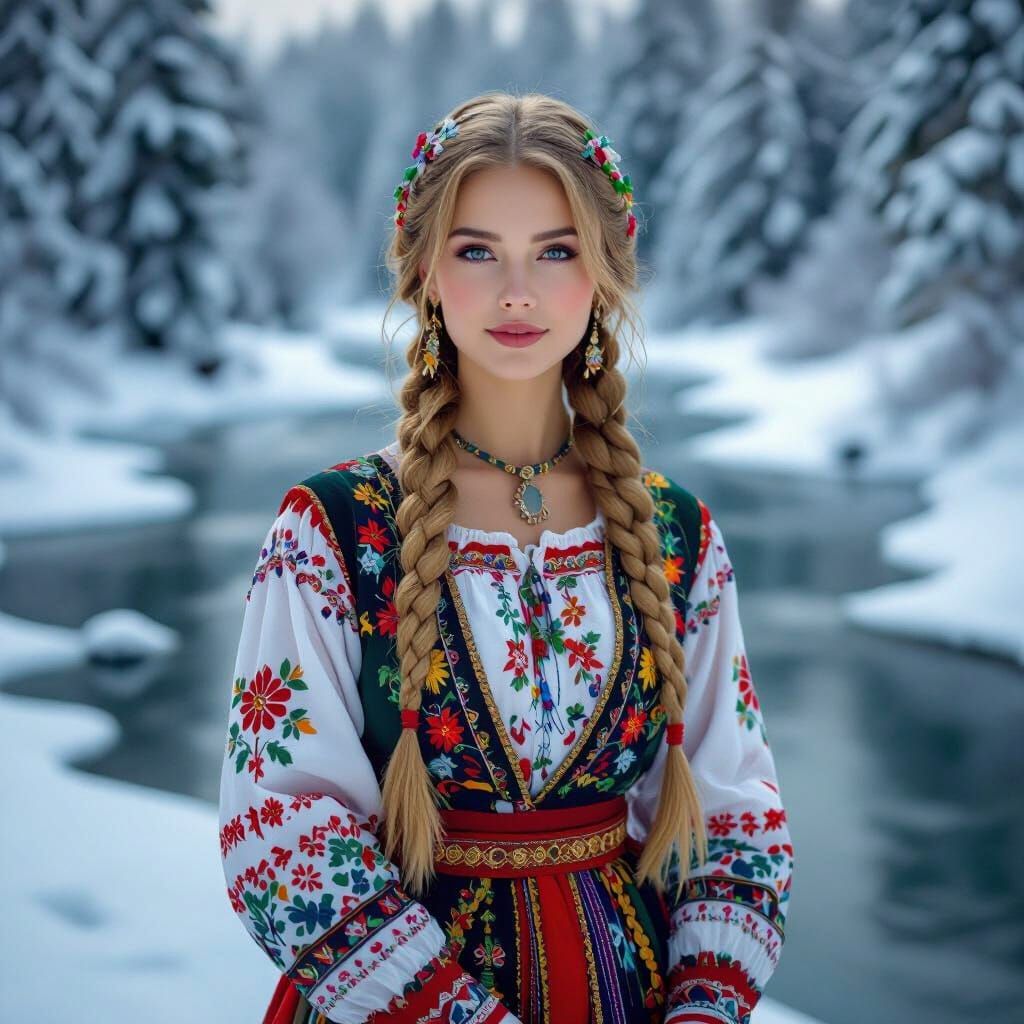 Slavic Woman in Folk Attire by Frozen River