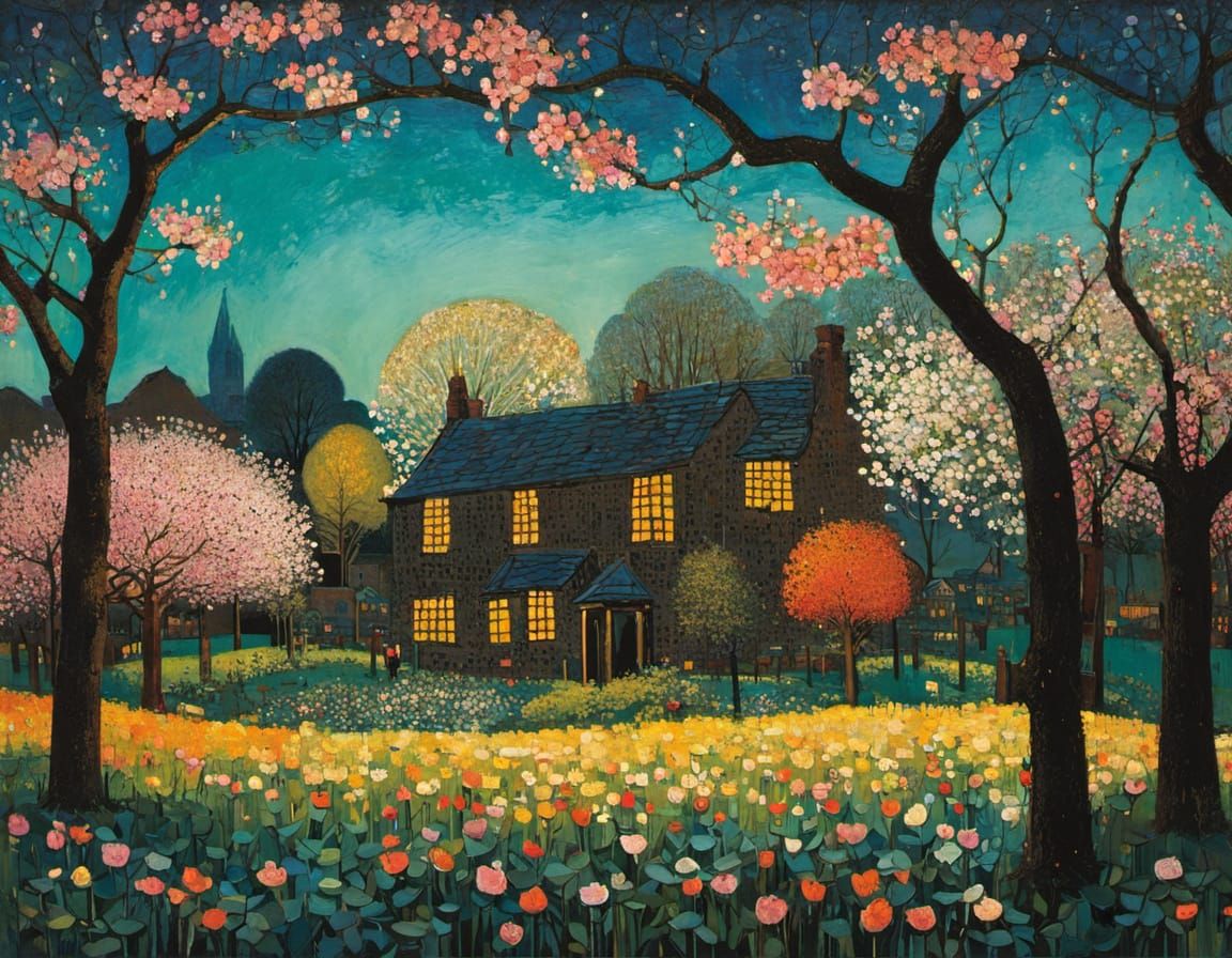 Blossoming Apple Garden in Soft Evening Light