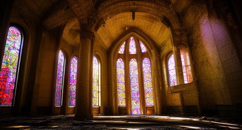 Post-Apocalyptic Cathedral Interior with Stained Glass