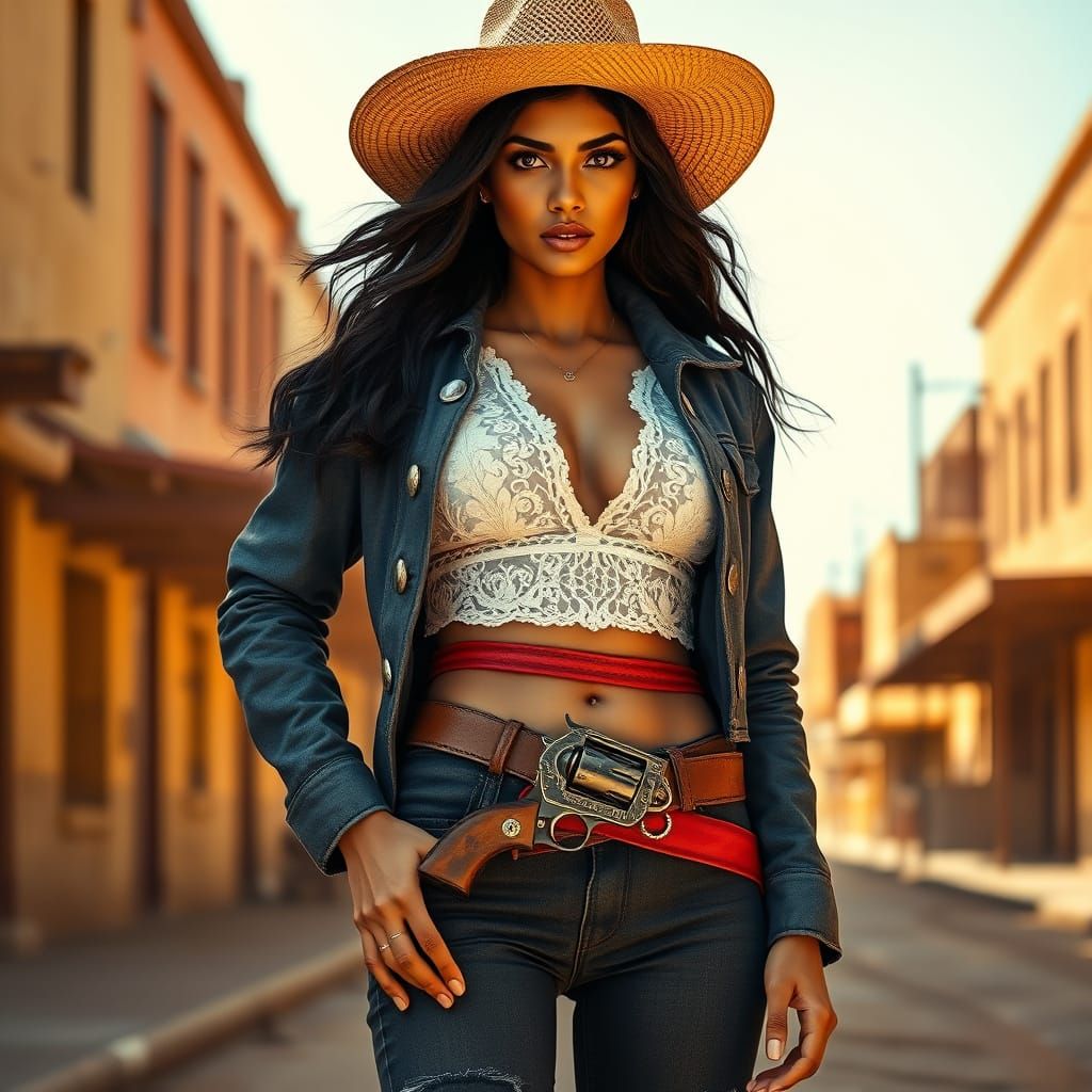 Confident Woman in Western Style Outfit on Sunlit Street